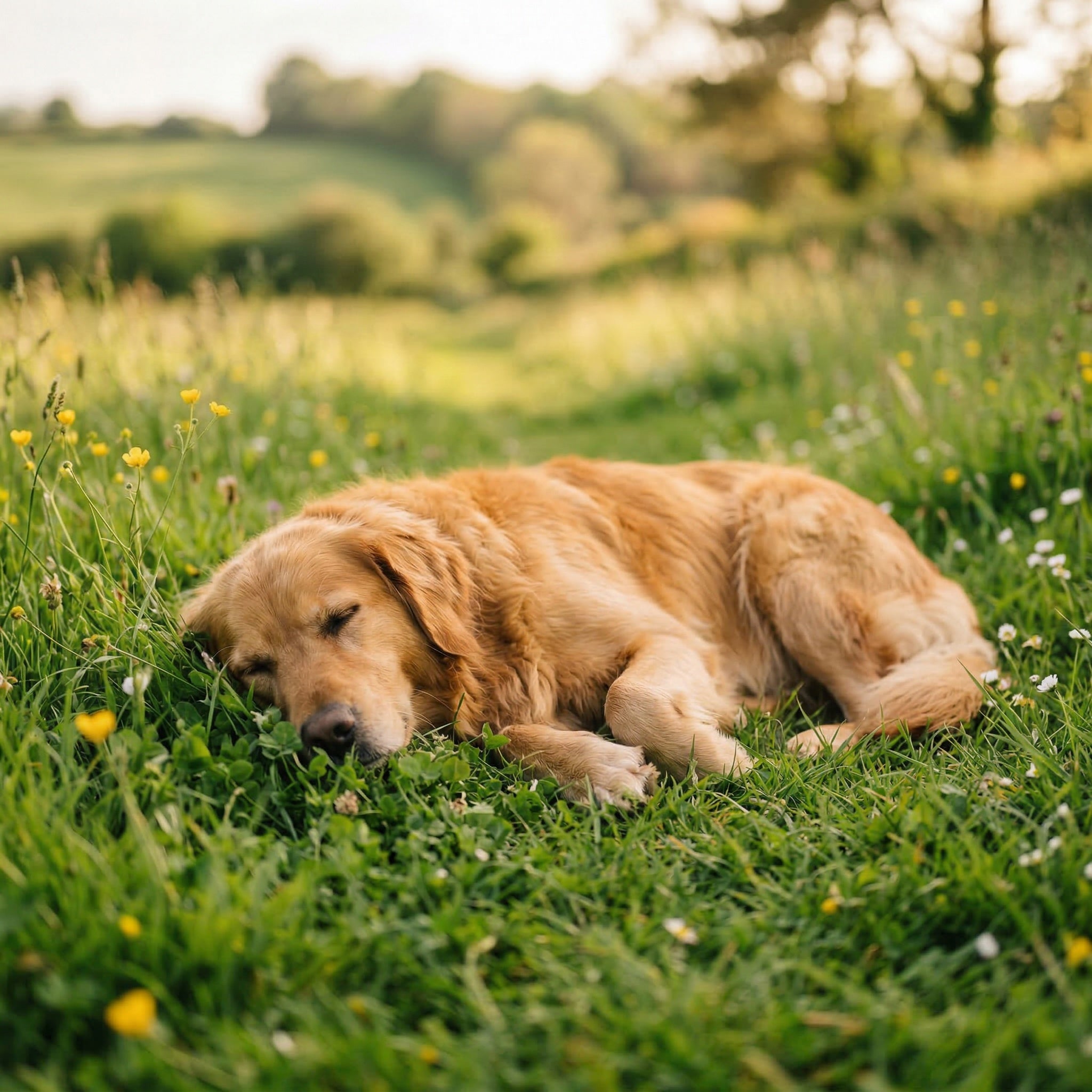 Chien détendu allongé dans l’herbe pour un moment de bien-être