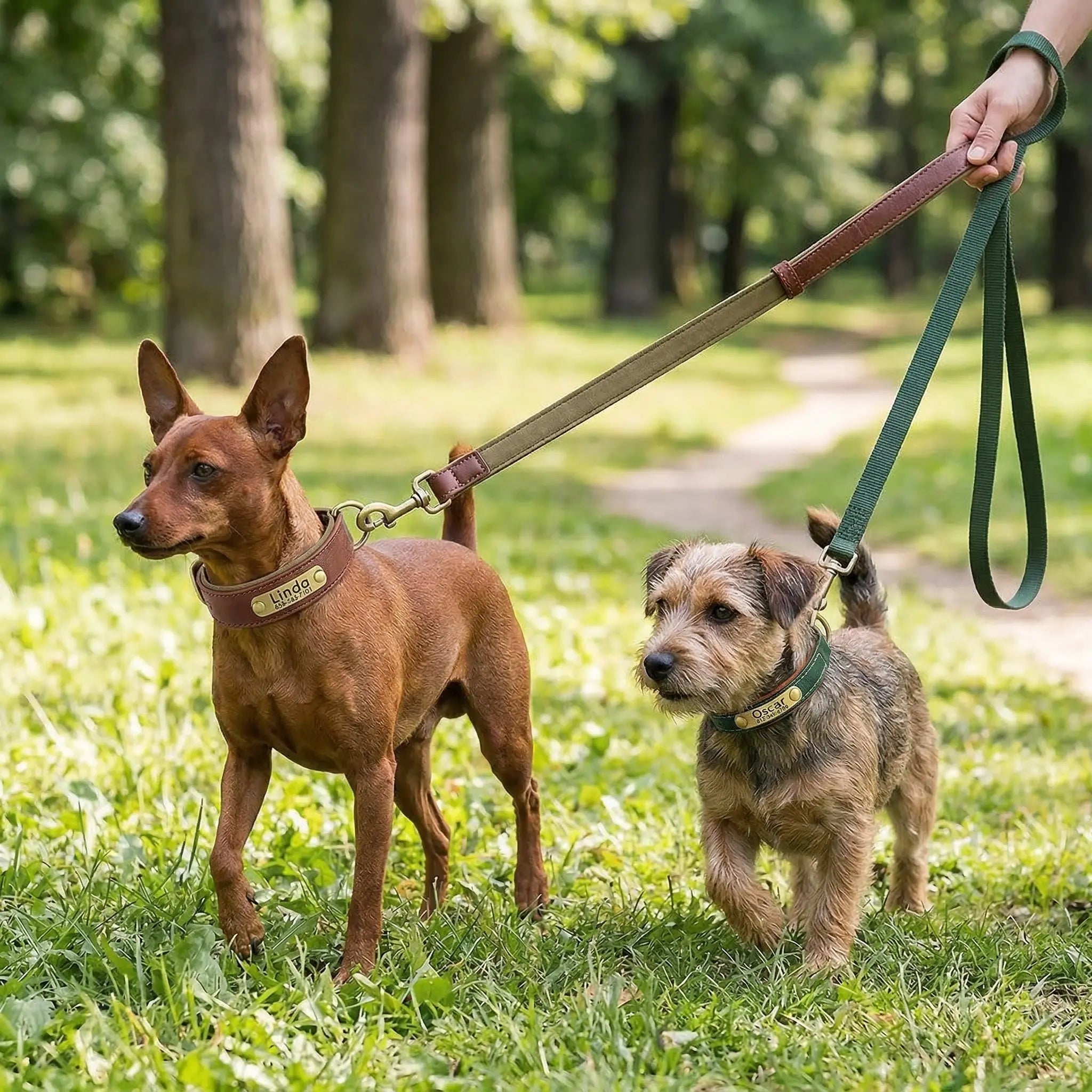 Deux chiens en promenade dans la forêt avec un collier gravé