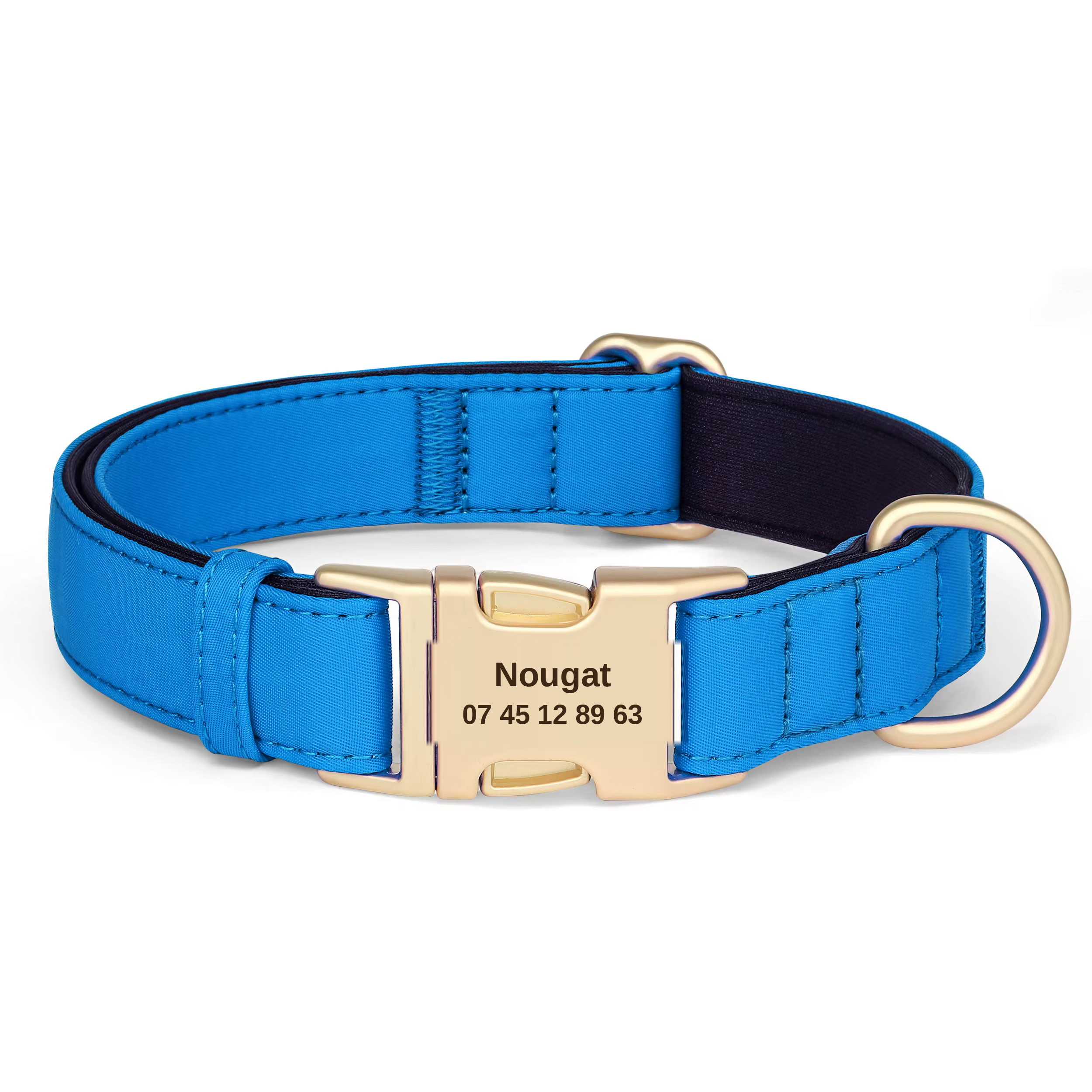 Collier pour chien en nylon bleu avec gravure personnalisée du nom