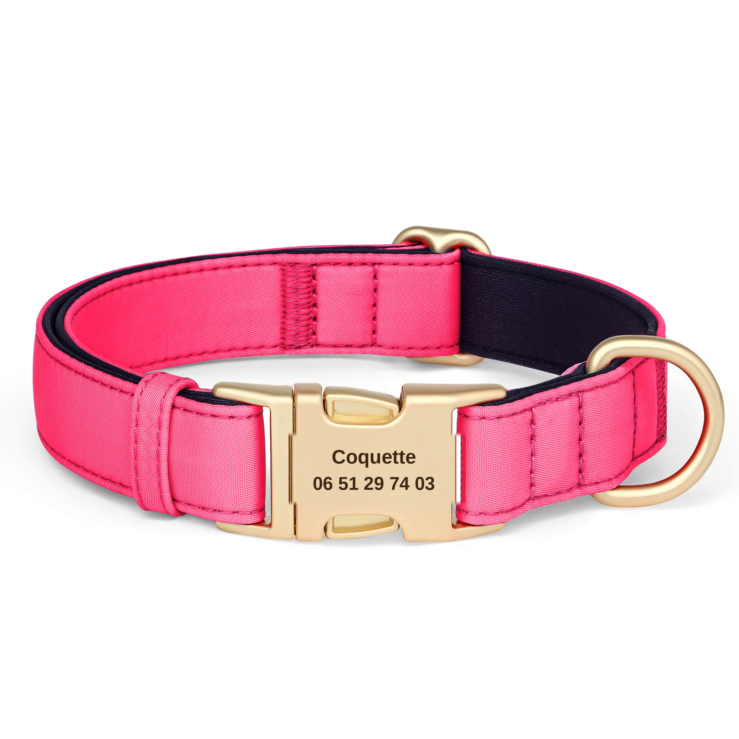 Collier pour chien en nylon rose avec gravure personnalisée du nom