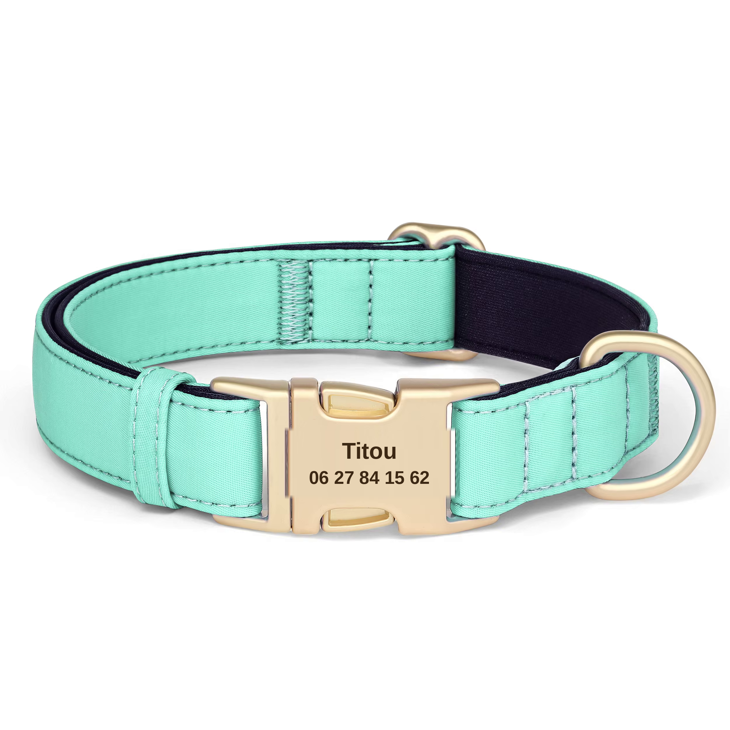 Collier pour chien en nylon turquoise avec gravure personnalisée du nom