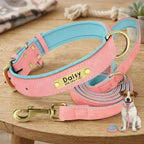 Collier personnalisé pour chien avec laisse assortie – Gravure offerte rose clair avec doublure bleu Walk'Studio