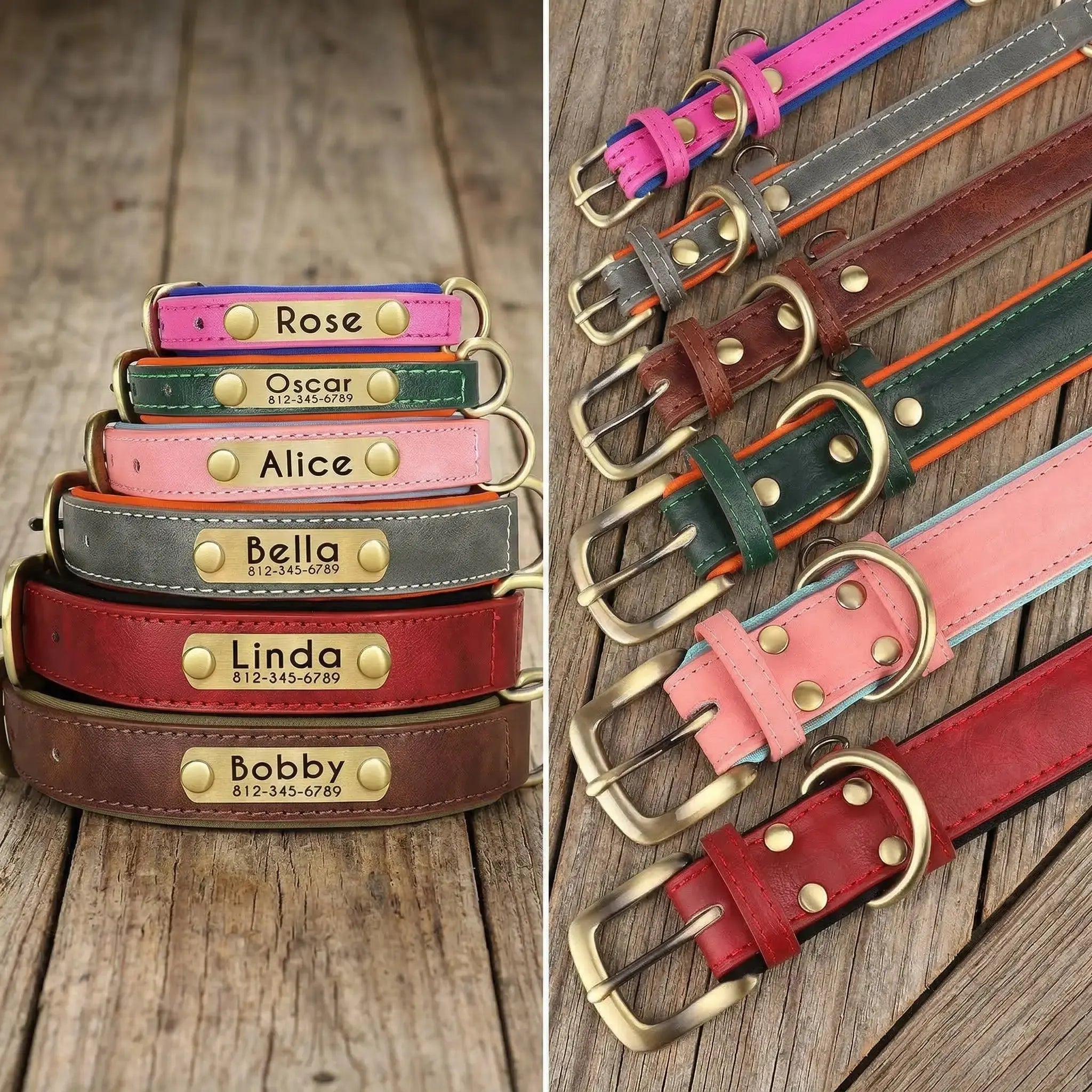 Collier personnalisé pour chien avec laisse assortie – Gravure offerte cuir synthétique, rose, vert, gris, marron, rouge Walk'Studio